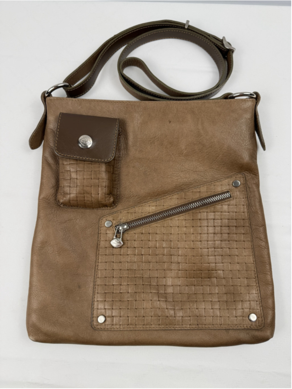 The Trend Italy Leather Woven Detail Crossbody Bag Tan Brown